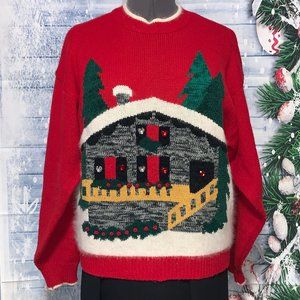 Vintage I.V.Y. Red Ugly Christmas House & Trees Sweater Size Large